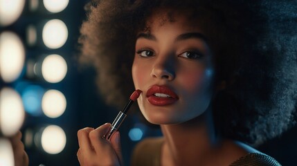Obraz premium Young woman applying red lipstick, looking at camera, dark background.