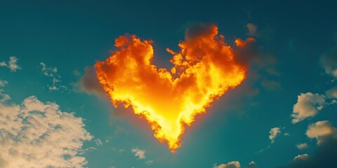 A vivid heart shaped cloud is visible in a blue sky