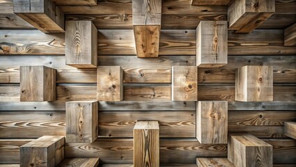 Rustic Wooden Blocks Arranged in an Intricate Geometric Pattern on a Planked Surface