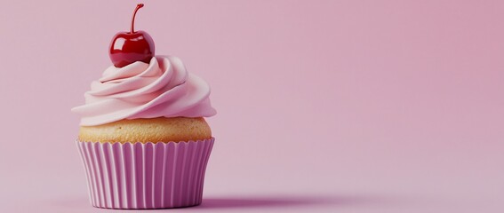 Pink cupcake with cherry on top against pink background.