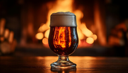 Dark Beer in Glass Near Fireplace