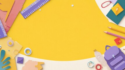 Playful abstract composition with paper cut-out shapes like rulers, erasers, and backpacks on a bright yellow background, spacious white area for back-to-school text.