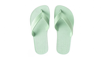Pair of mint green rubber flip-flops with textured footbed, facing upwards, summer footwear, beach or pool accessory, flat sandals on a transparent background, PNG image, PNG file.