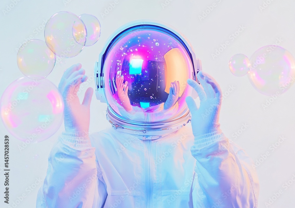 Poster astronaut in white suit with iridescent bubbles floating around them against a white background.