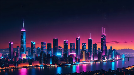 Obraz premium Neon Glowing City Skyline at Night, Synthwave Aesthetic, Retro 80s Style