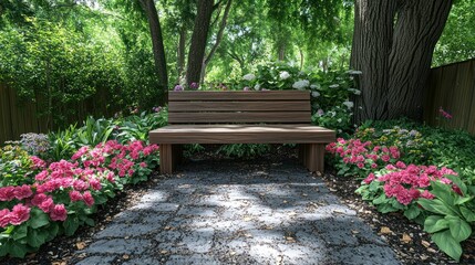 Park bench surrounded by flowers, trees, and a stone path