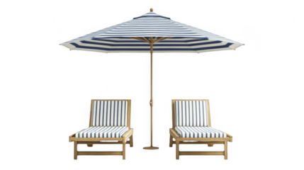 Relaxing outdoor lounge scene showcases two striped chairs under sun umbrella, creating resort ambiance and summer vacation vibe on a transparent background, PNG image, PNG file.