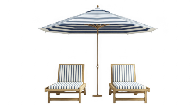 Relaxing outdoor lounge scene showcases two striped chairs under sun umbrella, creating resort ambiance and summer vacation vibe on a transparent background, PNG image, PNG file.