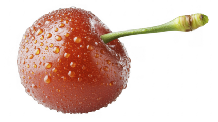 Close-up captures vibrant, ripe cherry, stem and reflective water droplets on surface, offering a fresh appealing look on a transparent background, PNG image, PNG file.