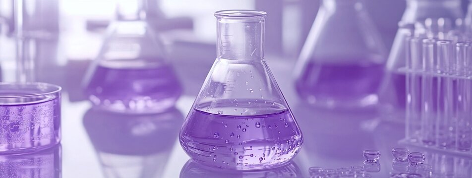 Purple liquid in glass Erlenmeyer flasks and beakers on a lab table.