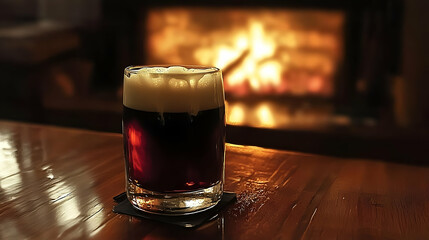 Dark Beer Near Fireplace on Wooden Table