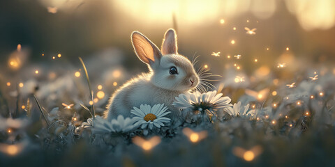 Adorable Baby Bunny in a Field of Daisies at Sunset