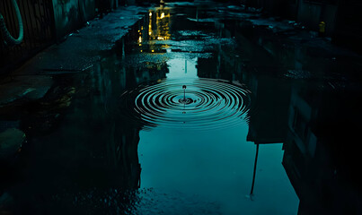 Dark Blue City Night Puddle Reflection