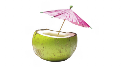 Halved young coconut fruit topped with miniature pink umbrella drink decoration for tropical refreshment vibes on a transparent background, PNG image, PNG file.