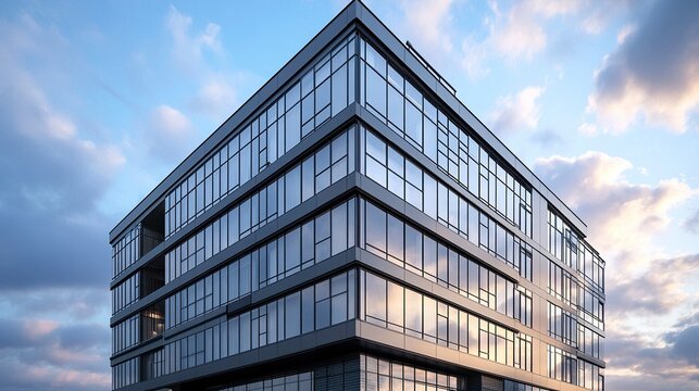 3D rendering of a high-rise building corner sleek dark steel window system glass reflecting clouds sharp futuristic perspective.  