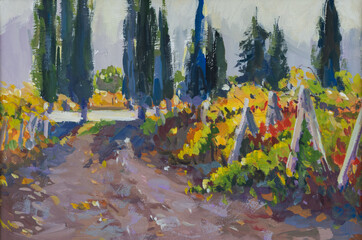 Autumn landscape of cypresses. golden yellow orange vineyards near the road. Bright sunlight. Modern painting, hand-drawn illustration. Original art with gouache paints. Autumn authentic postcard