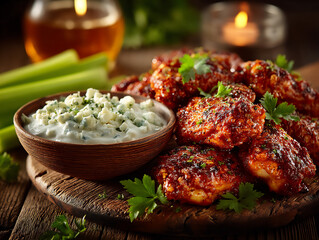 hot wings served with blue cheese dressing and celery sticks