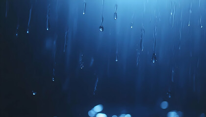Dark Blue Rain Drops on Glass at Night