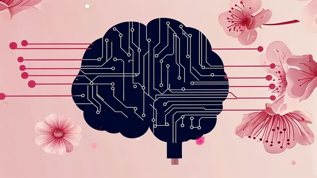 Abstract representation of a brain with circuit patterns surrounded by pink cherry blossoms, symbolizing technology and nature