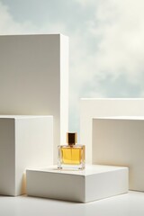 Luxury perfume bottles on white podiums
