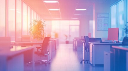 Fototapeta premium Abstract blurred office interior soft tones faint outlines of desks and chairs bright ambient light clean and professional backdrop. 