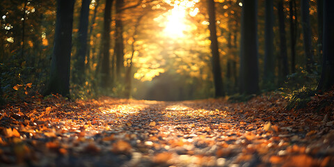 Golden Autumn Forest Path Sunlit Woods Background