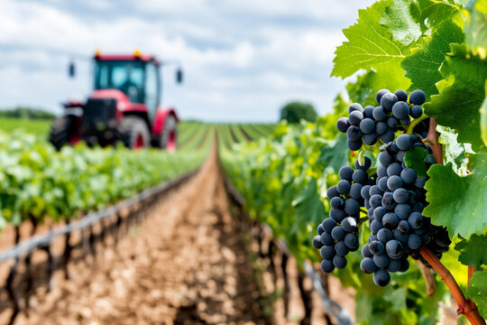 Automated Grape Harvesting in a Lush Vineyard With a Tractor in the Background Under a Blue Sky