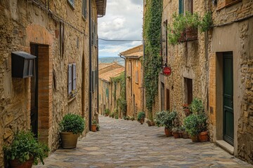 A narrow, winding cobblestone street in an Italian village, lined with ancient stone buildings, climbing upwards toward a distant horizon.  Plants and flowers adorn the facades