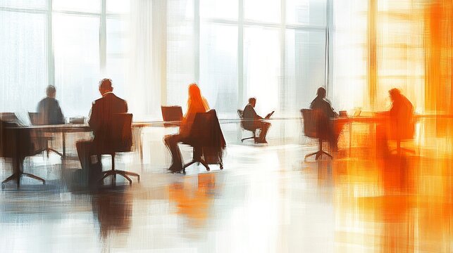 Abstractly blurred office setting people seated at desks subtle outlines ambient light soft neutral tones calm workspace atmosphere.  