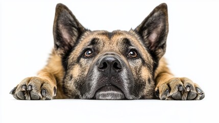 Obraz premium German Shepherd dog resting its head on a white surface, looking up with paws visible.