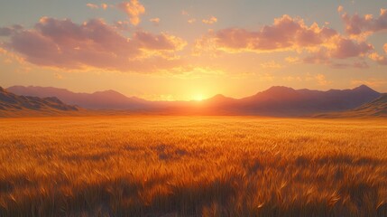 Fototapeta premium Golden sunset over a vast wheat field