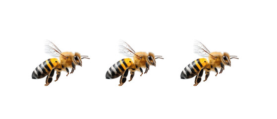 Close-up of three bees in flight, showcasing their detailed anatomy against a transparent background