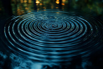 Dark Blue Water Ripples With Concentric Circles At Night