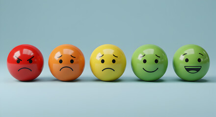 Various Emotional Spheres Displaying a Spectrum of Moods in Red Orange Yellow and Green on a Blue Background