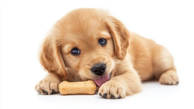 Adorable Golden Retriever Puppy Enjoying a Dog Biscuit