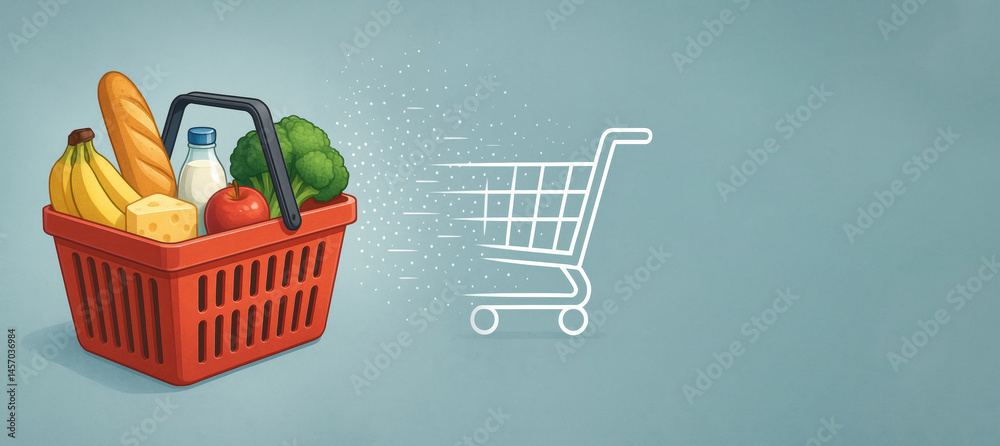 Poster grocery shopping basket filled with fresh produce and dairy against a simple background generative a