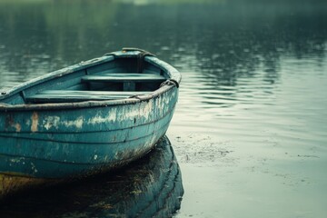 A weathered, teal-colored rowboat sits peacefully on a still, misty lake.  Wooden planks are visible and water reflects the boat