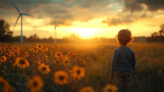 A child playing near a wind turbine, symbolizing a cleaner future for the next generation