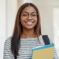 Brazilian young student woman wearing glasses is smiling and holding a stack of books. Concept of confidence and intelligence, as the woman is carrying her school materials with pride
