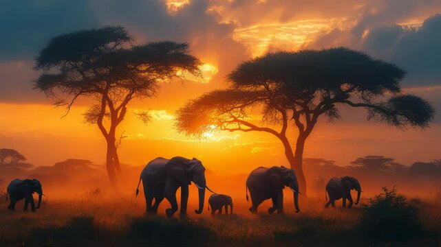 A group of elephants are walking through a field with the sun setting in the background. The scene is peaceful and serene, with the elephants moving together in a line
