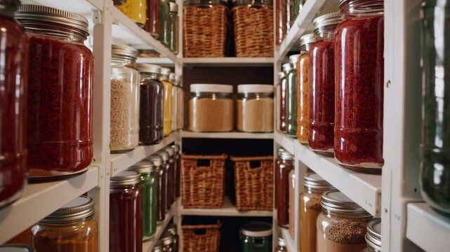 Organized home pantry shelves displaying varied grains, spices, and storage containers