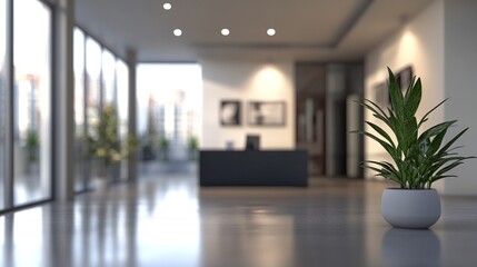 Obraz premium Blurry background of a sleek modern office bright panoramic windows soft ambient light minimalist and elegant interior. 