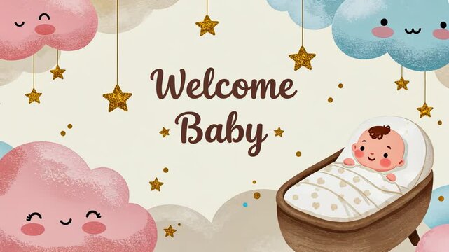 Cute baby celebration with floating stars and clouds animation