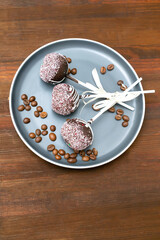 Delicious sweet chocolate cake pops,popsicles decorated white sprinkles,pastry,desserts on stick. Tasty food.