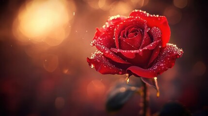 A beautiful red rose displaying water droplets on its petals