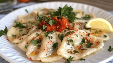 Plate of Turkish ravioli manti topped with a garlic yogurt sauce and red pepper butter Served with fresh herbs and a lemon wedge