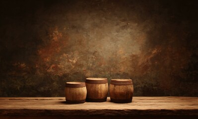 Vintage Wooden Barrels on Rustic Wooden Tabletop