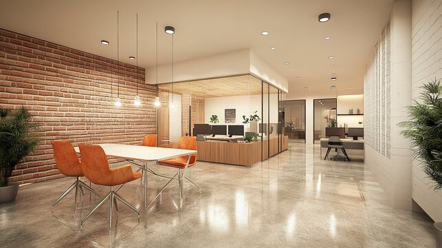 Bright and spacious office interior white brick walls open layout modern design polished concrete floors natural light ambiance 
