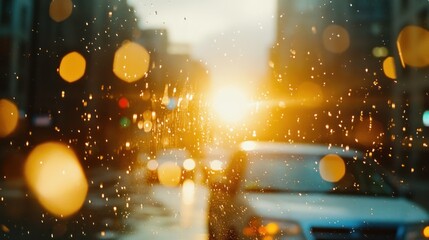 Obraz premium Bright sunlight filters through city rain against vehicle outlines