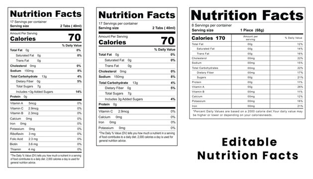  Nutrition facts full ingredient statement for different food items allergen and vitamin, editing serving size, calories, and nutrition fact